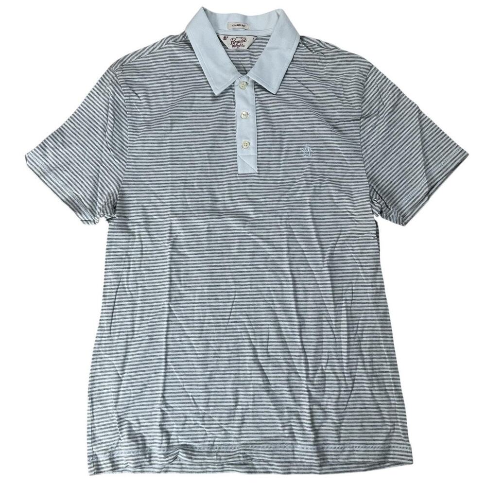 Original Penguin Polo Shirt Mens L Gray Classic Fit Jersey Striped Collared Logo